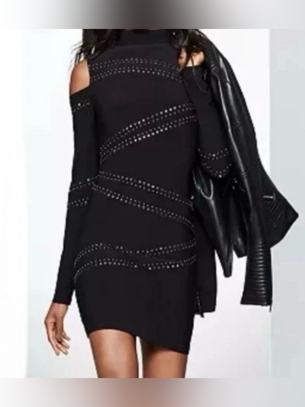 GUESS Black Cold Shoulder Studded Dress Long Sleeve Size 0 - Picture 3 of 5